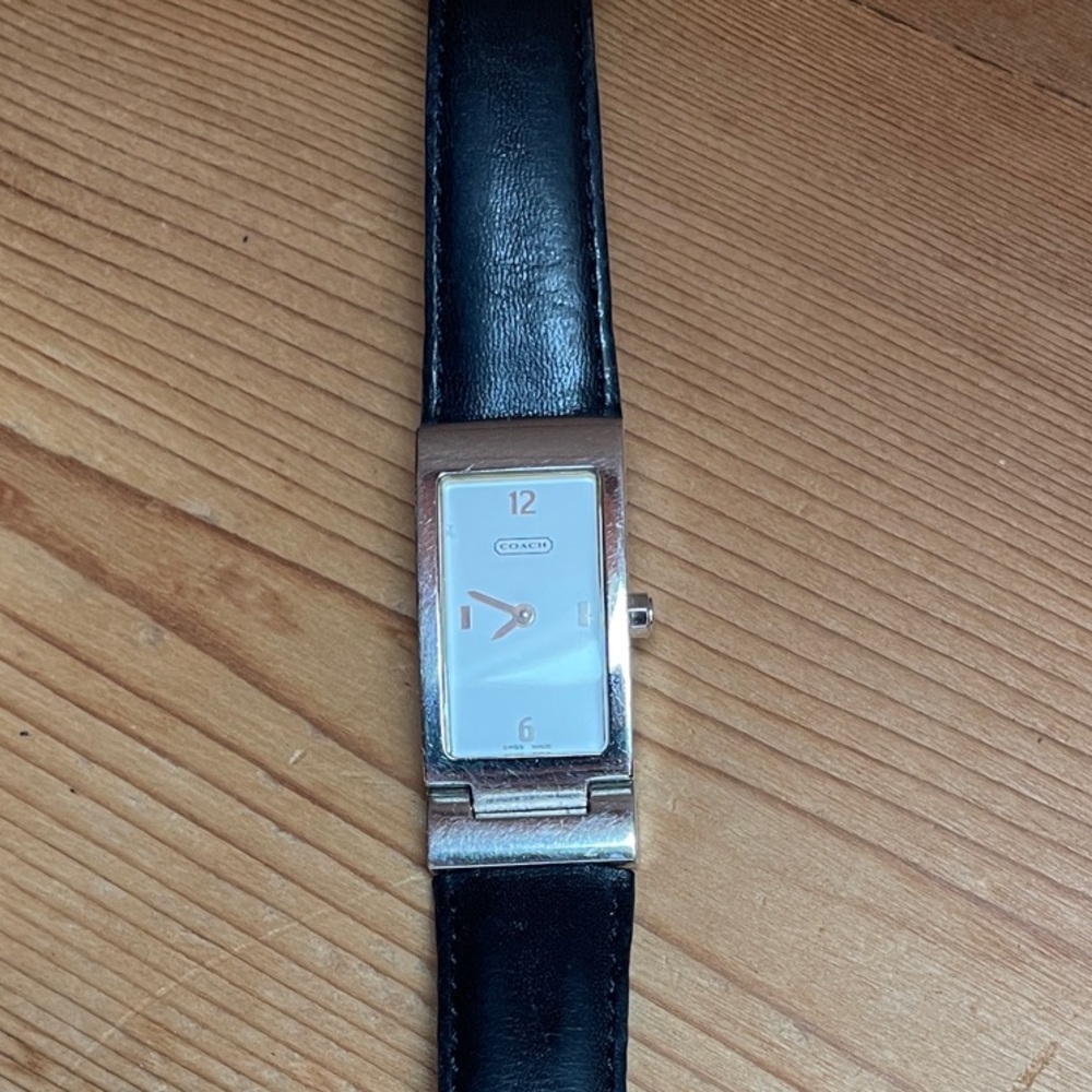 Coach Silver-Tone Rectangle Watch with Black Leather Strap
